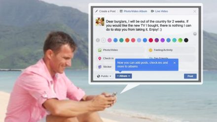 Man typing facebook post inviting thieves to steal his TV