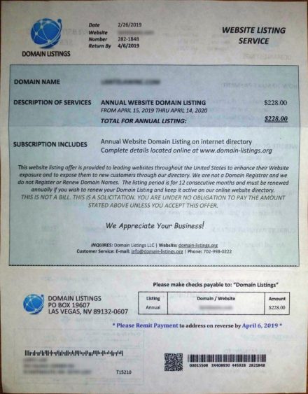 Front of Domain Listings scam letter